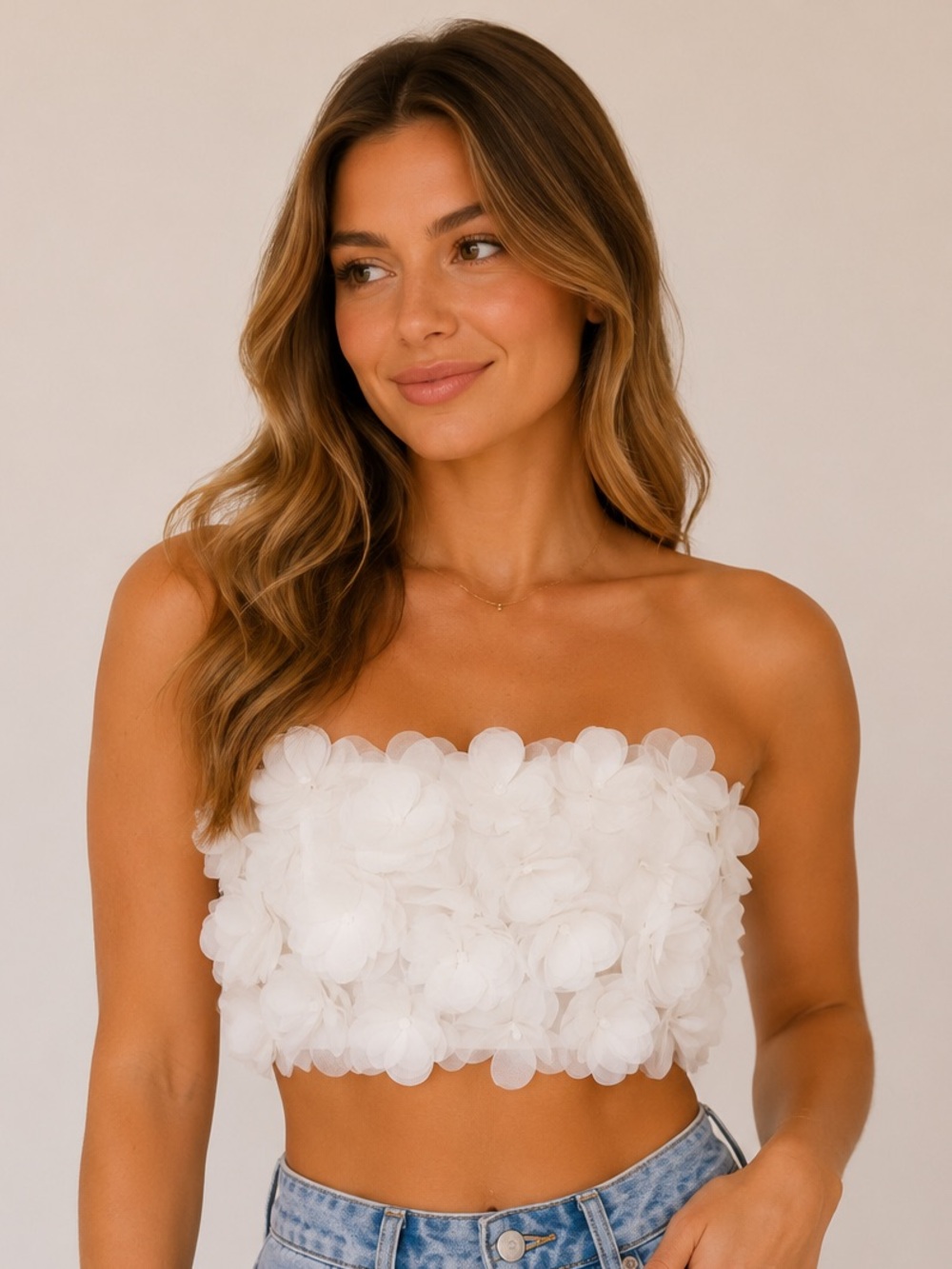 Boho Vintage White Floral 3D Strapless Corset Crop Top | Size Medium